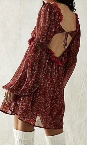 Free People Dress Pennie Babydoll Mini Red Floral Chiffon Boho Open Back… thumbnail 11