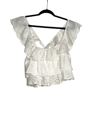 Show Me Your Mumu Girly White Eyelet Ruffle Square Neck Cotton Crop Top SMALL thumbnail 3