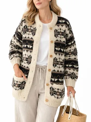Vintage Nepal 100% Wool Fair Isle Hand Knit Cardigan Sweater L thumbnail 1