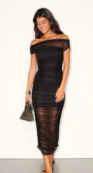 Lulus Sunama Black Mesh Ruched Bodycon Midi Dress Cocktail Party XS NWT thumbnail 1