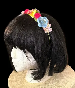 Floral Headband with Colorful Fabric Faux Flowers & Pom-Poms NWOT thumbnail 1