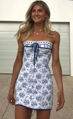Blue and White Floral Lace Mini Dress thumbnail 1