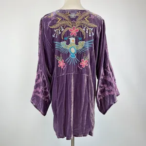 NWOT Johnny Was Silk Blend Velvet Floral Embroidered Tunic Blouse Purple Size XL thumbnail 8