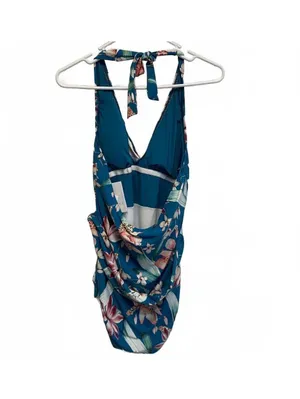 La Blanca Teal Floral Wrap One Piece Halter Tummy Control Swimsuit Size 12 thumbnail 4