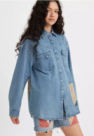 Levi's Premium Dorsey Patchwork Western Shirt Sm Pearl Snaps NWT Oversized Baggy thumbnail 1