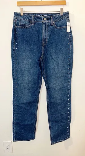 Old Navy Dark Blue Straight Extra High-Rise Studded Jeans thumbnail 1