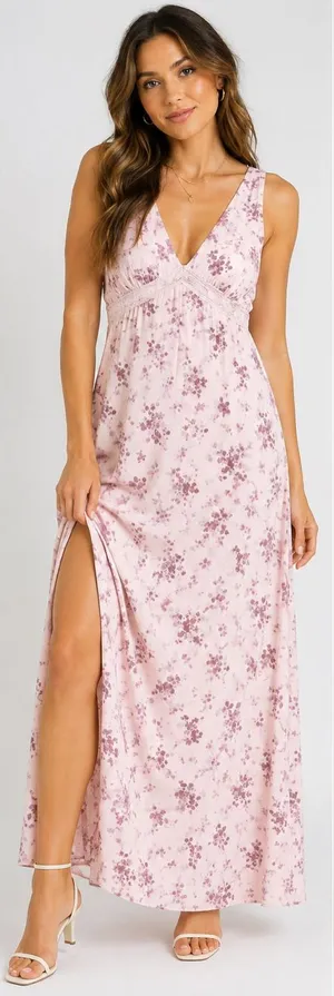 Target Wild Fable Pink Purple Floral Satin Lace Trim Maxi Dress Women’s L NWT thumbnail 1