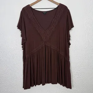 Torrid Knit V-Neck Lace Inset Babydoll Top Brown Size 5 thumbnail 2