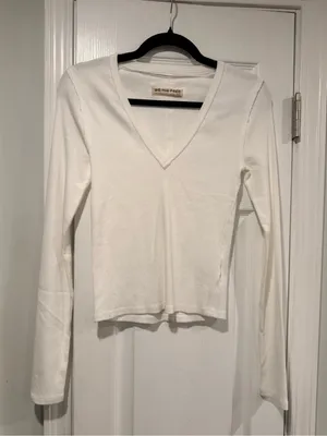 NWOT We The Free Size XS White Ribbed V-Neck Long Sleeve Stretch Top Free People thumbnail 1