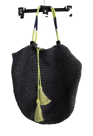 J.Crew‎ Straw Tote Bag Gray Neon Yellow Tassel Rope Handle Shoulder Bag thumbnail 1