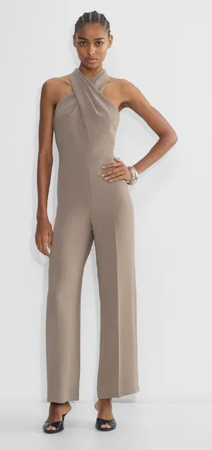 Aritzia Wilfred Pageturner Halter Jumpsuit in Taupe Crepe NWT thumbnail 1