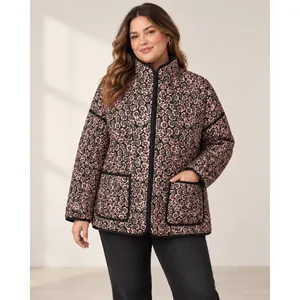 Floral Quilted Puffer Jacket Pink Green Black Open Front Pockets Large thumbnail 8