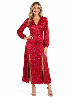 Topshop Red Floral Satin Midi Dress Open Back Long Sleeve V Neck Size 6 thumbnail 2
