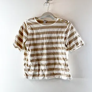 J. Crew Striped Cotton Short Sleeve Tee Shirt Gold Buttons Cream Tan Small thumbnail 2
