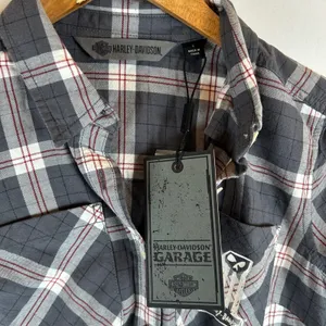 Harley-Davidson Womens Plaid Roll-Tab Button‎ Down Shirt Grey Small NEW thumbnail 7