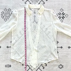 Avec Les Filles Sheer Textured Dot Tie Neck Blouse in Ivory Medium thumbnail 5