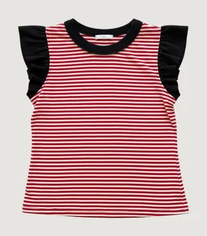 Ces Femme Red White Striped Ruffle Sleeve Top Black Trim Medium NWT thumbnail 1