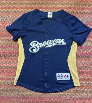 MORGAN #2 Majestic Brewers BASEBALL Navy & Gold Button-Up Jersey thumbnail 1
