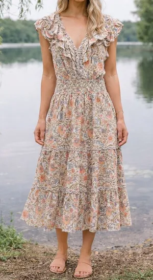 Walker & Wade Floral Smocked Midi Dress | Cottagecore Romantic | Small‎ thumbnail 1