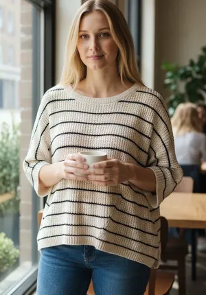 Urban Outfitters Crew Neck Slouch Crop Stripe Knit Sweater Size M A35 thumbnail 1