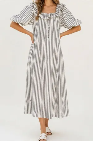 ZOCO. Good Luck Puff Sleeve Dress, Blue Stripes, Small thumbnail 1