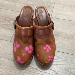 Madewell Leather Floral Clog Mules Women's 9 Brown Pink Wood Heel Y2K Boho thumbnail 2