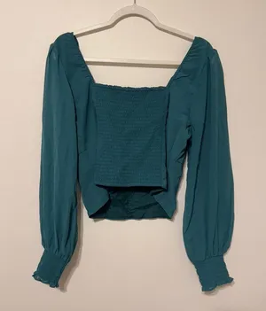 NEW Abercrombie & Fitch Long Sleeve Poplin Square Neck Top Large Emerald Green thumbnail 6