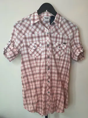 Harley Davidson Corset Back Plaid Shirt‎ Small Pink Spellout Logo Fitted thumbnail 2