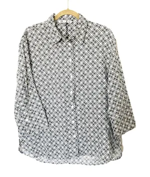 Zara Linen Blouse 3/4 Sleeve Button Front Print Shirt Womens Chic Top Sz L thumbnail 1