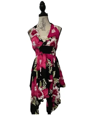 Advance Brand Y2K Hibiscus Tropical Floral Halter Dress Black Pink High Low Hem thumbnail 3