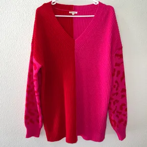 Red & Pink Two Toned V Neck Knit Pullover Leopard Print Sweater thumbnail 2