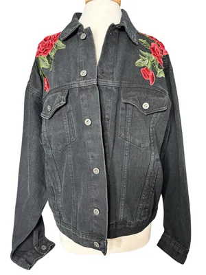 Carmar Black Denim Jacket with Red Rose Embroidery Size M thumbnail 2