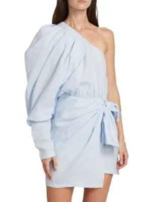 Blue linen puff sleeve dress thumbnail 1
