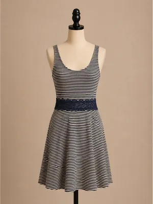 Abercrombie & Fitch Striped Fit & Flare Dress Lace Waist Navy Grey thumbnail 2