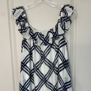 Ann Taylor Navy Blue White Plaid‎ Ruffle Neck Chiffon Midi Dress 6 561128 thumbnail 5