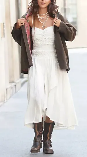 Free People Sparkling Moment Ivory High Low Smocked Drop Waist Midi Dress SMALL thumbnail 1