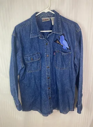 Vintage BillBlass Jeans Denim Button Up Shirt XL Bluebird Applique Long Sleeve thumbnail 1