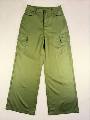 Women’s High Waisted Wide Leg Cargo Pants Flap Pockets Army Olive Green Small thumbnail 1