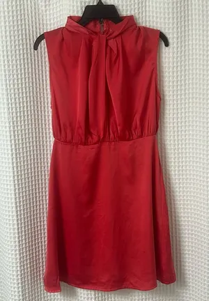 NWT She + Sky Sleeveless Satin Silk Dress with Twist Front High Neck Band Detail thumbnail 1