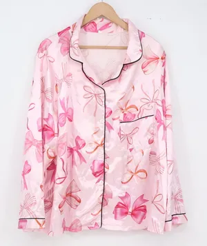SHEIN Pajama Set Womens 2XL Bow Print Pink Button-Down Satin Long Sleeve Exc thumbnail 1