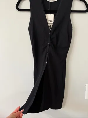 Zara Ribbed Button Front Longline Top Black Size Medium NWT thumbnail 6