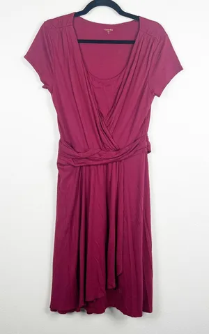 Garnet Hill Womens Gathered Waist Draped Dress Burgundy Red‎ Midi Size M thumbnail 1