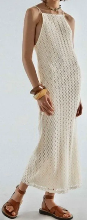 ZARA NWT BLOGGERS FAVORITE super BOHO ECRU BEIGE CROCHETED HALTER Maxi DRESS L thumbnail 3