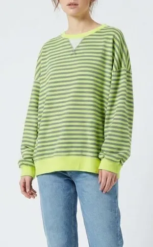 Sweatshirt Womens 2XL Green Gray Striped Crew Neck Drop Shoulder Long Sleeve thumbnail 1