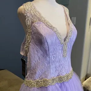 Women’s Purple Full Length V-Neck Silver Beaded Prom Party Dress Size 14 NWT thumbnail 3