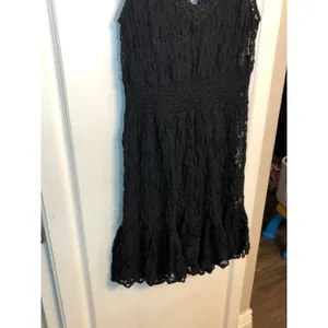 Free People sheer black floral lace mini dress with a beaded v-neck thumbnail 8