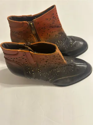 Perforated Two-Tone Leather Ankle Booties - Brown/Amber thumbnail 3