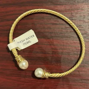 18k Gold Plated Tested Sterling Silver Open Cuff Pearl Bracelet thumbnail 1