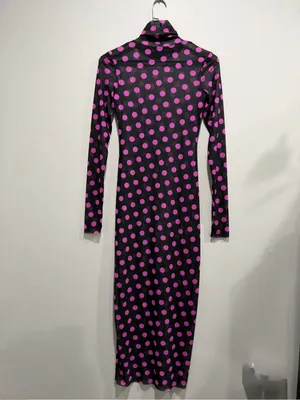 AFRM Black Pink Polka Dot Sheer Mesh Roll Neck Maxi Dress S thumbnail 4