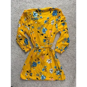 Old Navy Yellow Floral Shirt Dress Large Long Sleeve Ruffle Tie Waist Mini thumbnail 5